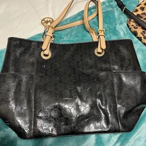 Michael kors black vinyl tote bag with tan handles